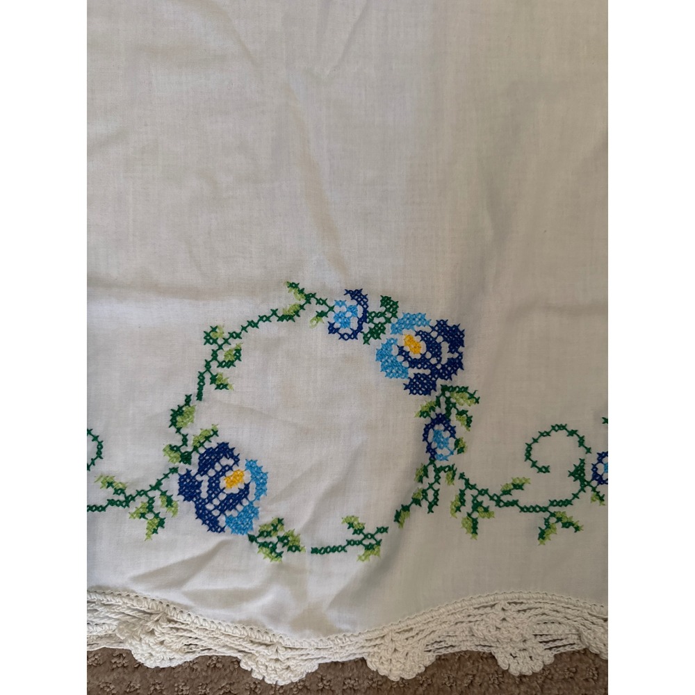 Vintage Hand Embroidered Floral Cross Stitch Pillowcase White Cotton Lace Trim